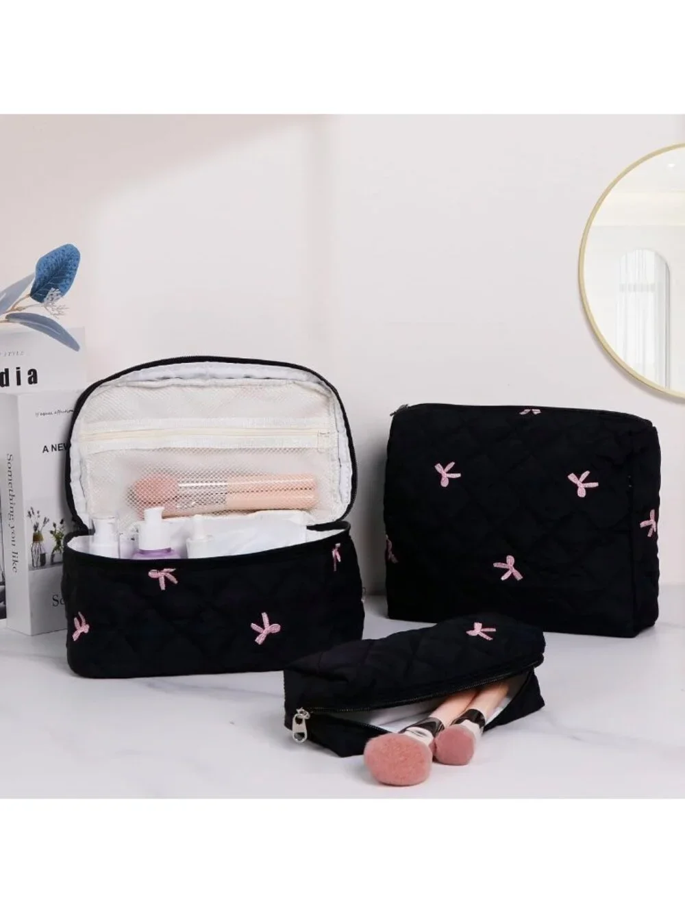 3PC Floral Makeup Bag Set - Large Quilted Cosmetic & Toiletry Bags for Travel